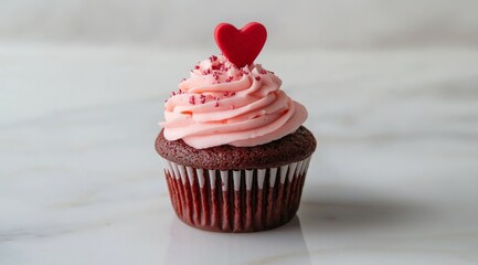red velvet cupcake with pink frosting and a heart shaped topper