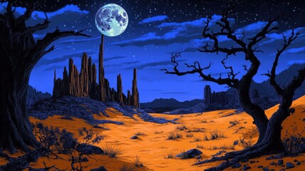 Fototapeta premium Nightfall in the Desert: A Surreal Landscape Under the Full Moon