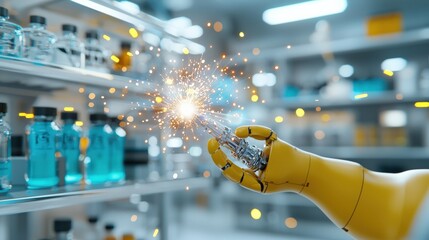 Innovative robotic arm sparks new discoveries in science lab high-tech environment dynamic viewpoint futuristic concept