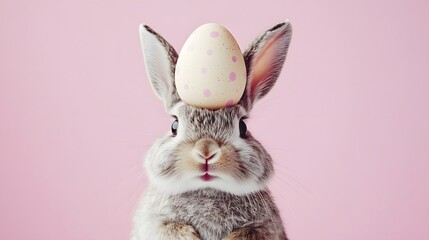 Fototapeta premium A cute Easter bunny with an Easter egg on its head on a pastel background.