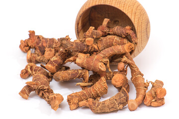 Dried galangal root isolated on white background, aromatic spice and herbal medicine concept
