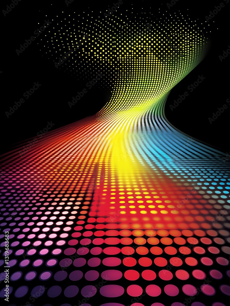Poster vibrant color spectrum of flowing halftone pattern on a black backdrop
