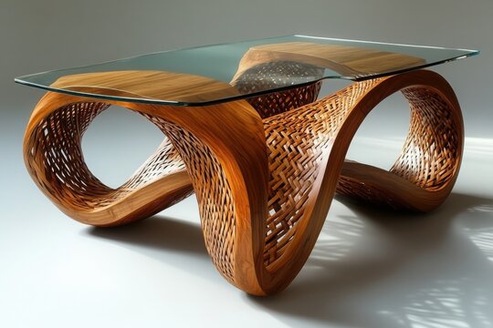 Unique table with a curved wood base and glass top The interwoven design is eye-catching and would be a great conversation starter