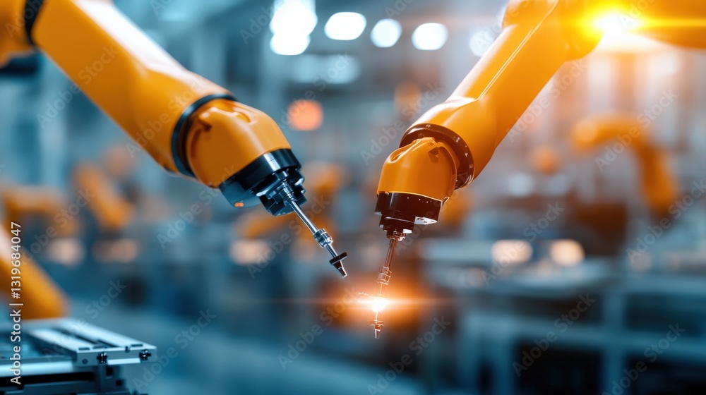 Poster robotic arms engaging in precision assembly industrial workspace technology focus high-tech environm