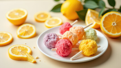 Colorful, dye-free hard candy pops with natural fruit flavors on a plate surrounded by orange slices.