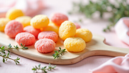 Obraz premium Colorful, dye-free candies on a wooden cutting board with herbs for garnish.
