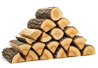 Firewood Stack Isolated on White, Cut Firewood Logs, Woodpile for Fireplace
