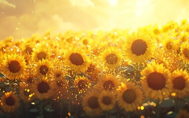 Sunlit sunflowers blooming in field at sunset, summer