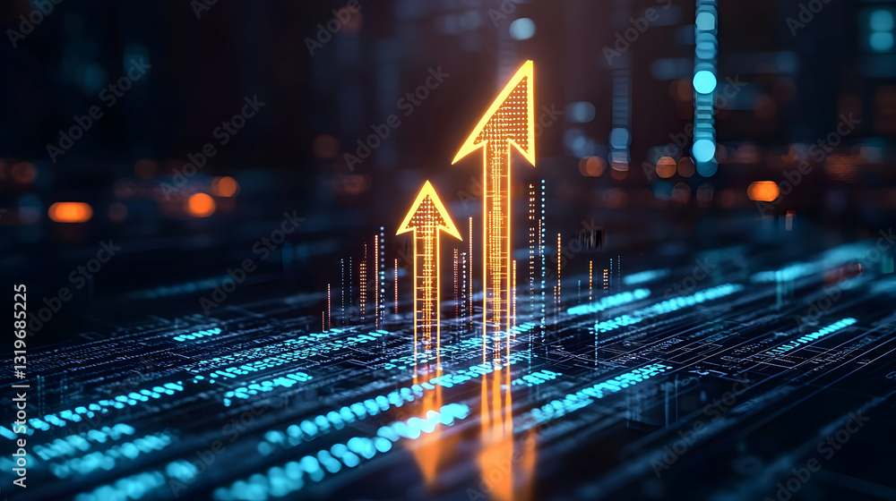 Poster orange digital arrows ascending from futuristic blue network data grid symbolizing growth and progre
