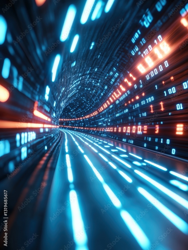 Poster dynamic data flow tunnel virtual environment digital art futuristic perspective high-tech visualizat