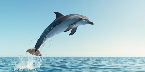 Fototapeta premium Joyful Dolphin Leaping Out of Ocean Water, Playful Aquatic Mammal in Clear Blue Sky