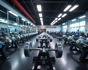 A spacious gym with multiple dumbbell racks, polished steel weights, and mirror reflections. Generative AI