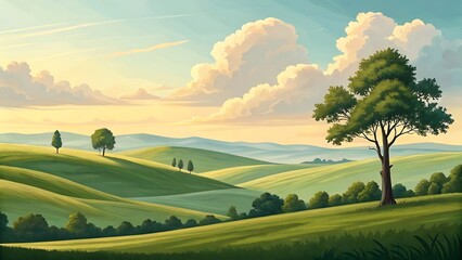 Obraz premium Serene Landscape with Rolling Hills and Lush Greenery Under a Beautiful Sky