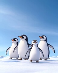 Obraz premium Adorable Cartoon Penguins Standing in the Snow with a Blue Sky Above, Family Time