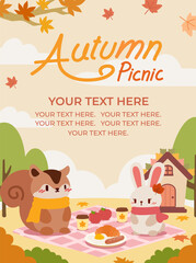 A kawaii style autumn picnic illustration featuring a cute squirrel and bunny enjoying a cozy outdoor meal. 