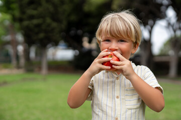 Blonde Boy Enjoying a Juicy Red Apple in a Sunny Park