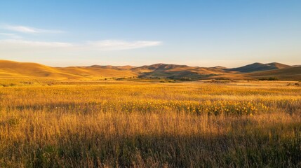 panorama with yellow sunflower field against cloudy evening sky with orange blue sunset in the background
