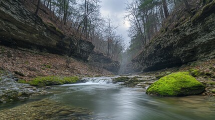 Fototapeta premium Serene Stream Flowing Through a Mossy Gorge