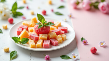 Obraz premium A plate of dye-free candies surrounded by colorful flowers on a pink table.
