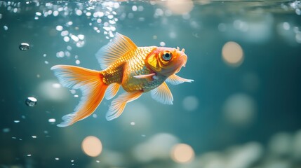 Vibrant goldfish underwater with bubbles and soft light