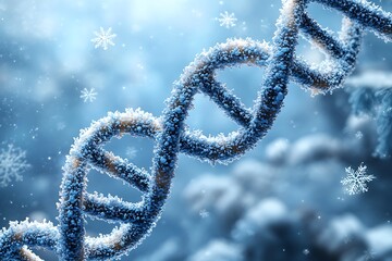 Frozen DNA Strand Winter Science Abstract Background with Snowflakes