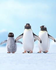 Fototapeta premium Playful Penguin Family on Snowy Antarctic Terrain with Baby, Parent Birds. Happy Penguin.