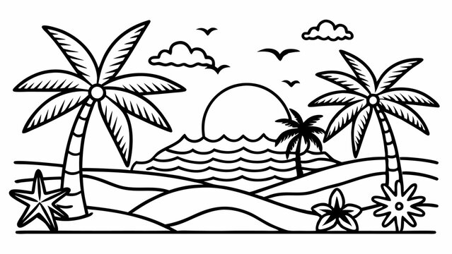 Tropical Beach Outline – Bold Line Art for Kids’ Coloring, Beach Coloring Page – Easy Ocean Scene for Kids, Bold Outline Vector – Tropical Beach with Palm Trees, Kids coloring book page
