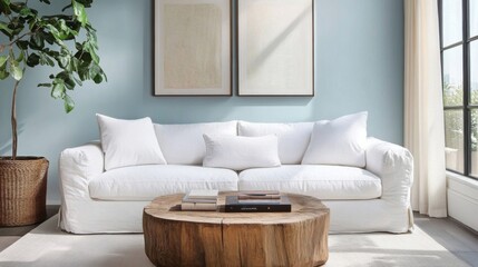 Fototapeta premium a living room with a white couch and a coffee table