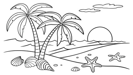Tropical Beach Outline &ndash; Bold Line Art for Kids&rsquo; Coloring, Beach Coloring Page &ndash; Easy Ocean Scene for Kids, Bold Outline Vector &ndash; Tropical Beach with Palm Trees, Kids coloring book page
