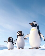 Fototapeta premium Adorable Penguin Family Standing Together on Snowy Landscape, Cute Animation