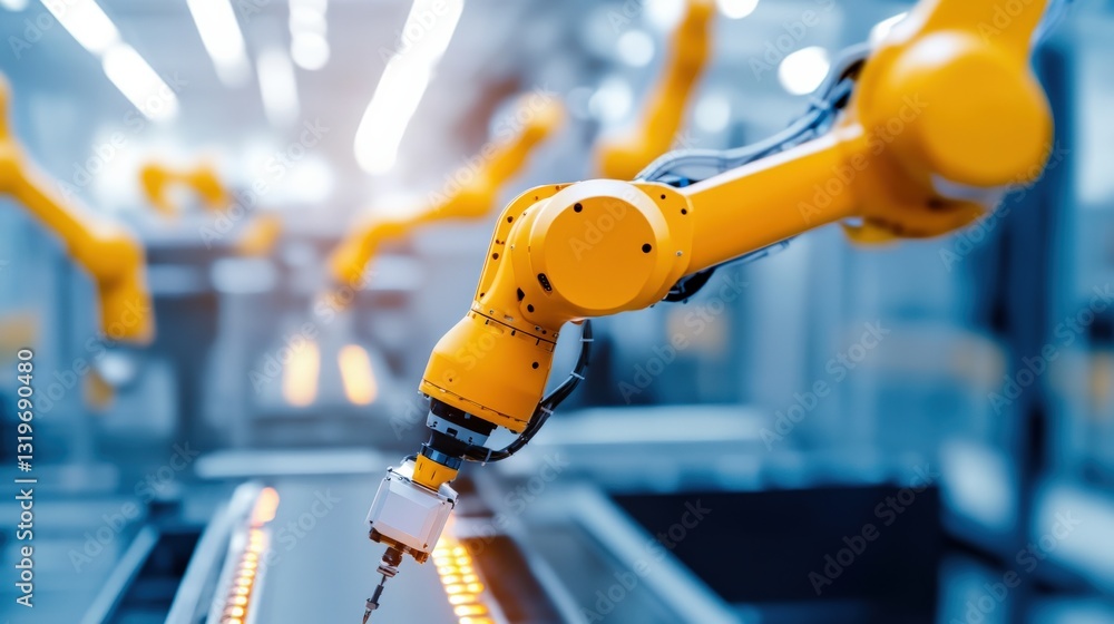 Poster automated manufacturing process factory floor industrial robotics high-tech environment close-up ang