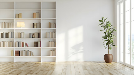 Bright Interior Room With White Walls Bookshelves Plants Wooden Floor And Large Window Offering Natural Sunlight