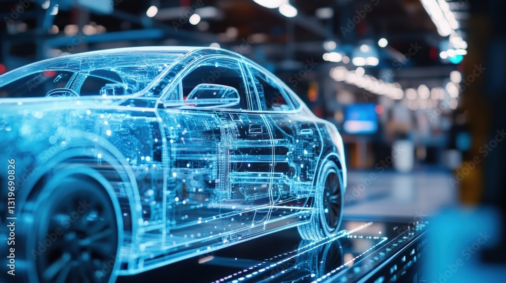 Poster revolutionary automotive technology showcase transparent car model modern workshop 3d visualization 