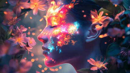 Man with colorful light patterns on face among flowers generative ai image. Prism Light. Illustration