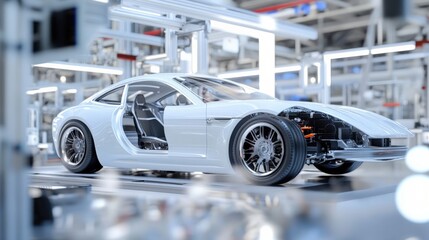 Fototapeta premium Innovative car manufacturing process automotive factory 3d rendered image industrial environment close-up view engineering concept