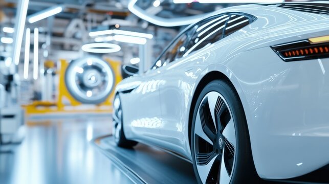 Innovative electric vehicle production automotive factory industrial photography modern environment close-up perspective sustainability concept