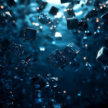 abstract ocean of geometric cubes floating calmly, illuminated seams and topographical elements