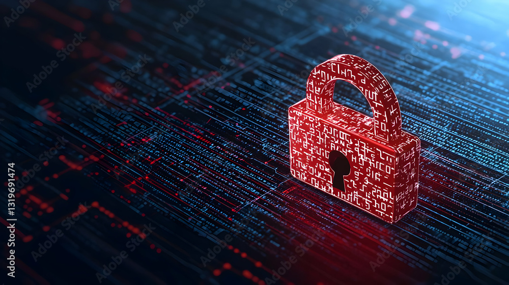 Poster red digital padlock icon on dark pixelated background symbolizing cybersecurity