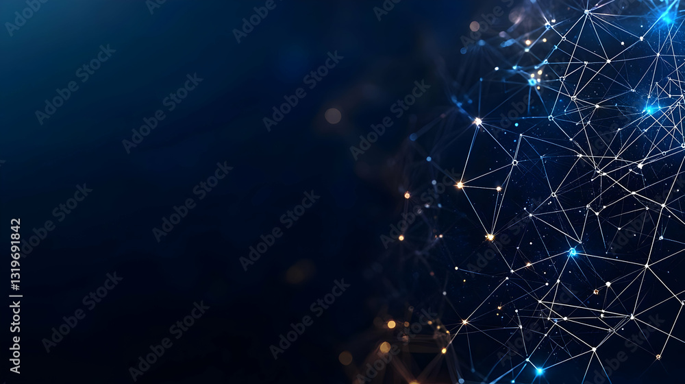 Poster abstract futuristic blue and gold network mesh on dark background with light particles and interconn