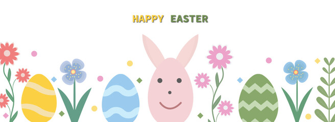 Happy Easter banner in flat geometric style. Spring background with pastel flowers, bunny, eggs and leaves Horizontal pattern or border of blooming plants and rabbit.  Vector illustration.
