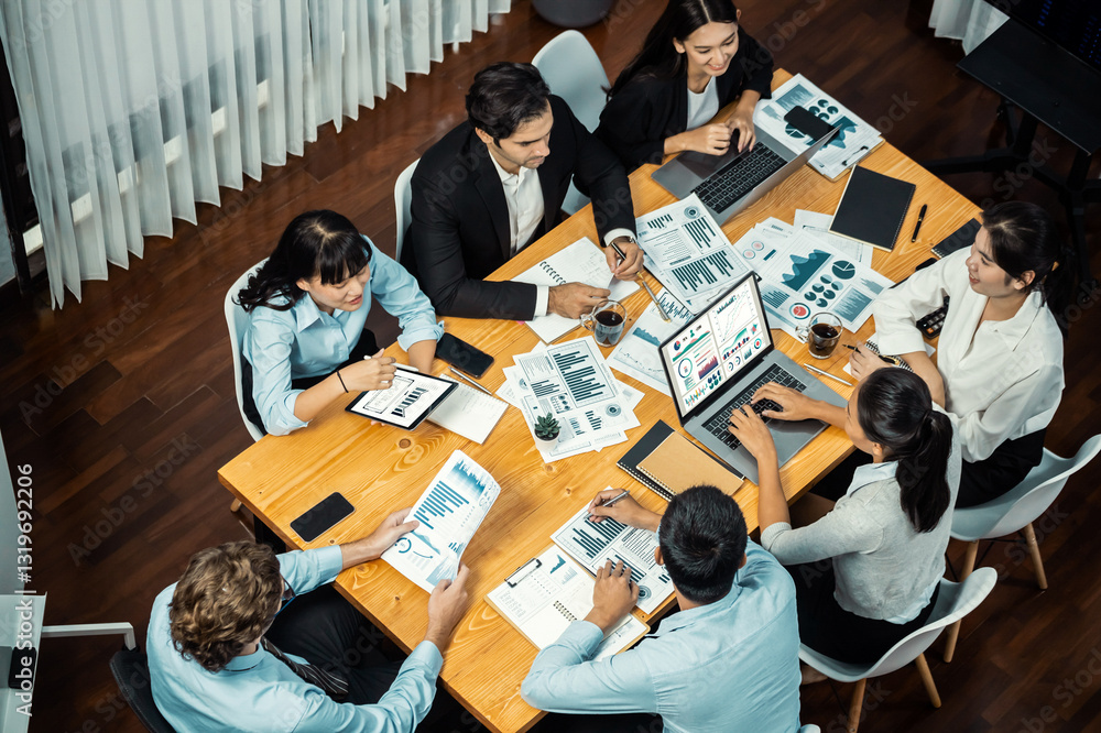 Poster wide top view of diverse group of business analyst team analyzing financial data report paper on mee