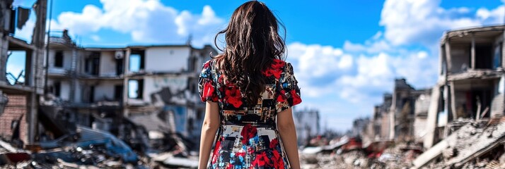 Fashionable woman in a war zone filled with military technology