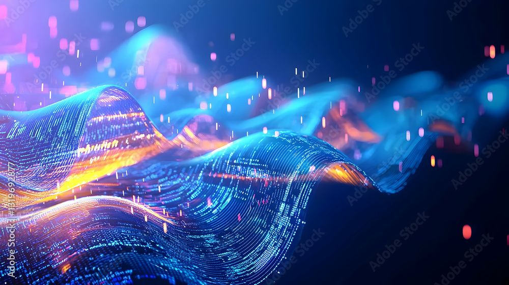 Poster dynamic digital landscape with flowing particles and vibrant colors in abstract futuristic backgroun
