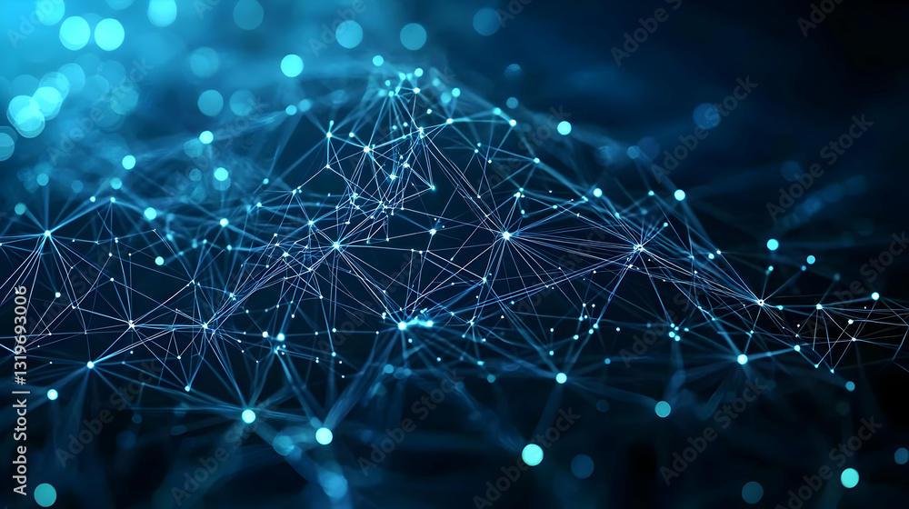 Poster abstract digital network design with blue illuminated dots and lines against dark background