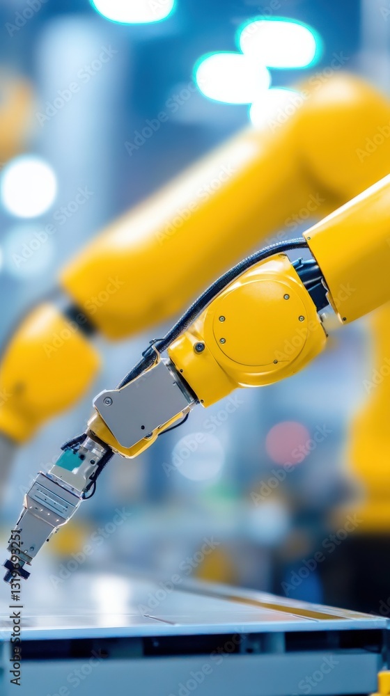 Poster automation in manufacturing robotic arm action in industrial setting close-up view technology and in