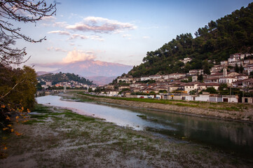 Fototapeta premium Sunset over the UNESCO town of Berat on the Osum River in Albania