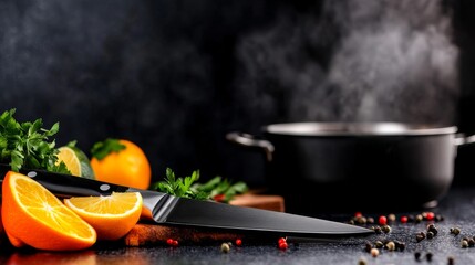 A sharp kitchen knife rests beside sliced oranges and herbs, with a black pot steaming in the background