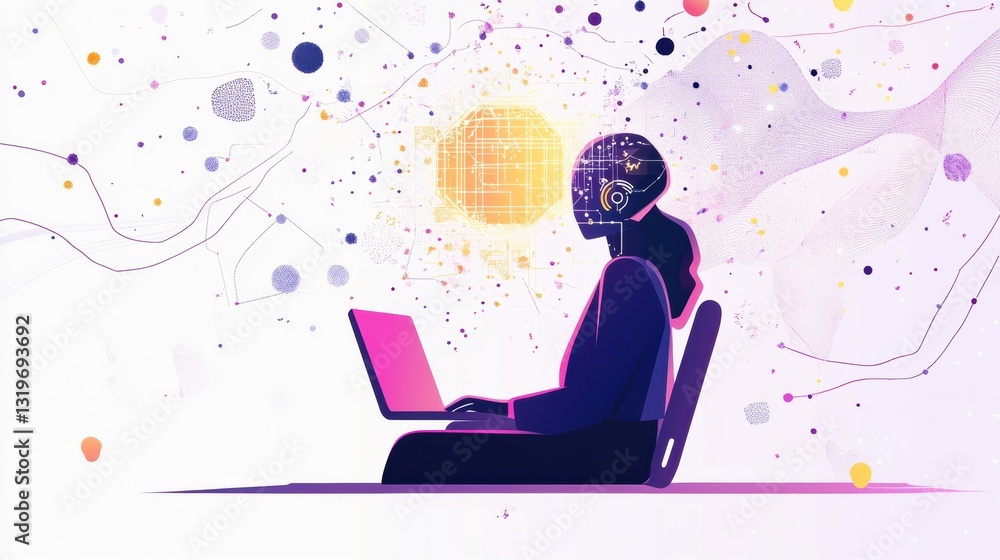 Poster student engages with ai driven virtual learning on laptop, exploring new horizons in education and t