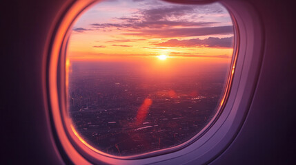 Fototapeta premium Beautiful sunset view of the city from the aeroplane window. Picture save-path for the purple aeroplane window