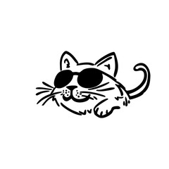 Happy cool cat with sunglasses, fun hand-drawn doodle illustration